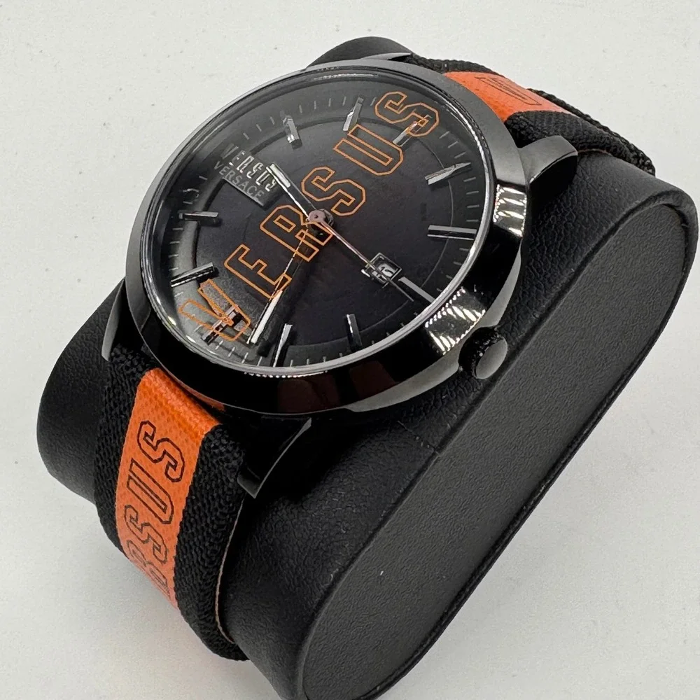Versus Versace Mens Watch Black Orange Logo Canvas Strap VSPHN0220 Luxury Sport